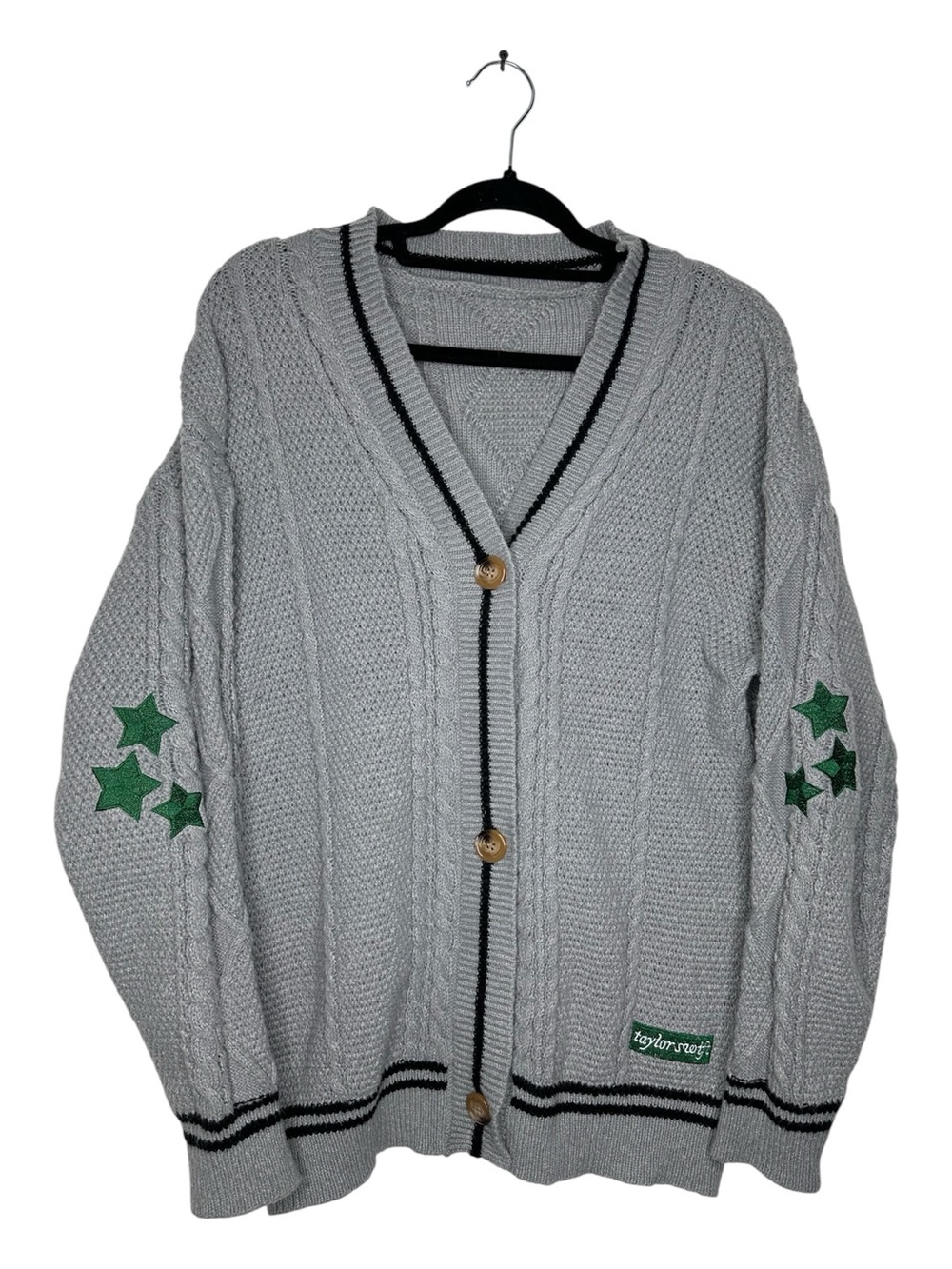 United Colors Of Benetton Light Gray Cable Knit Cardigan with Green Star Patches